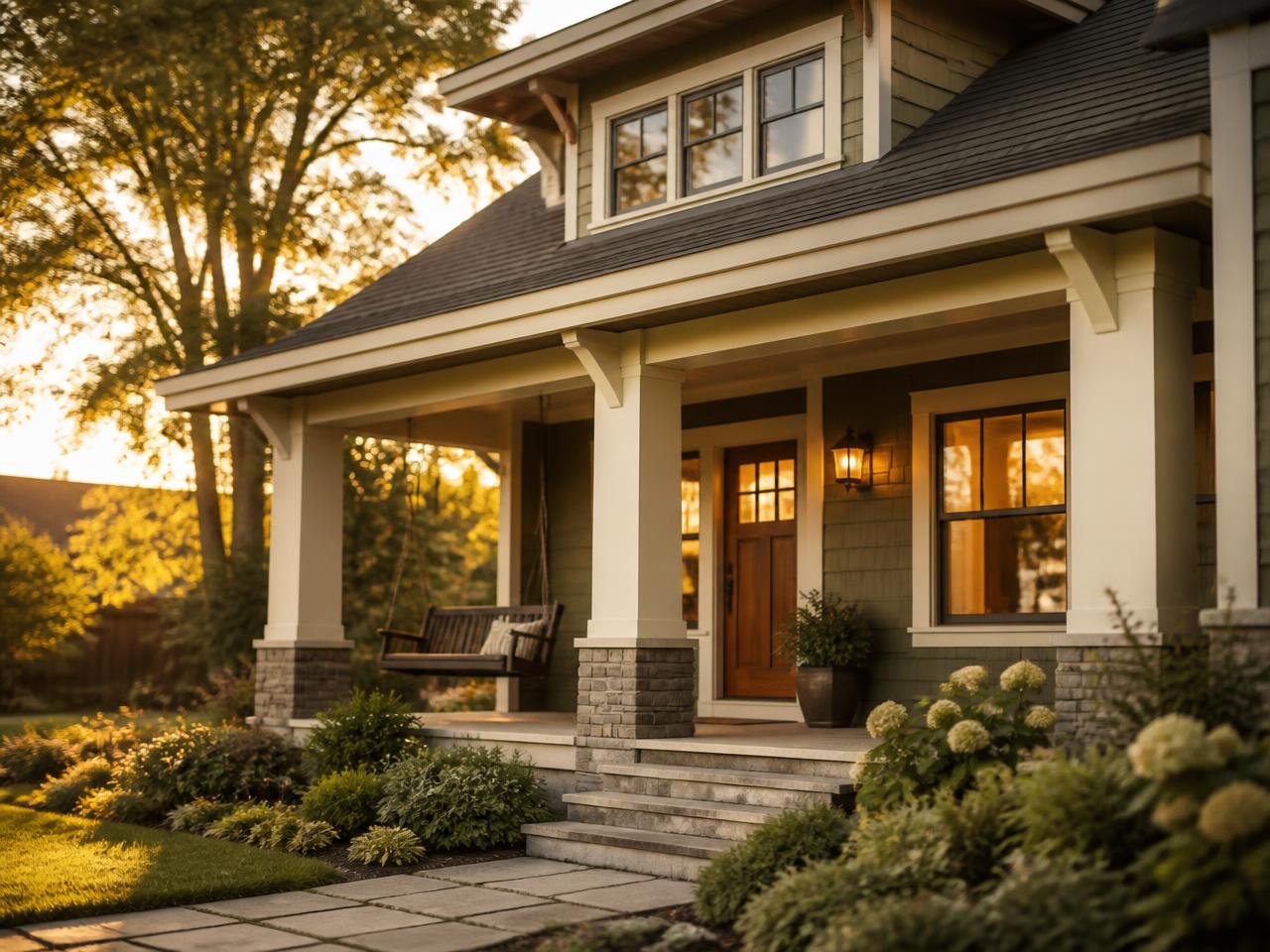 Craftsman-style home at golden hour with a covered front porch